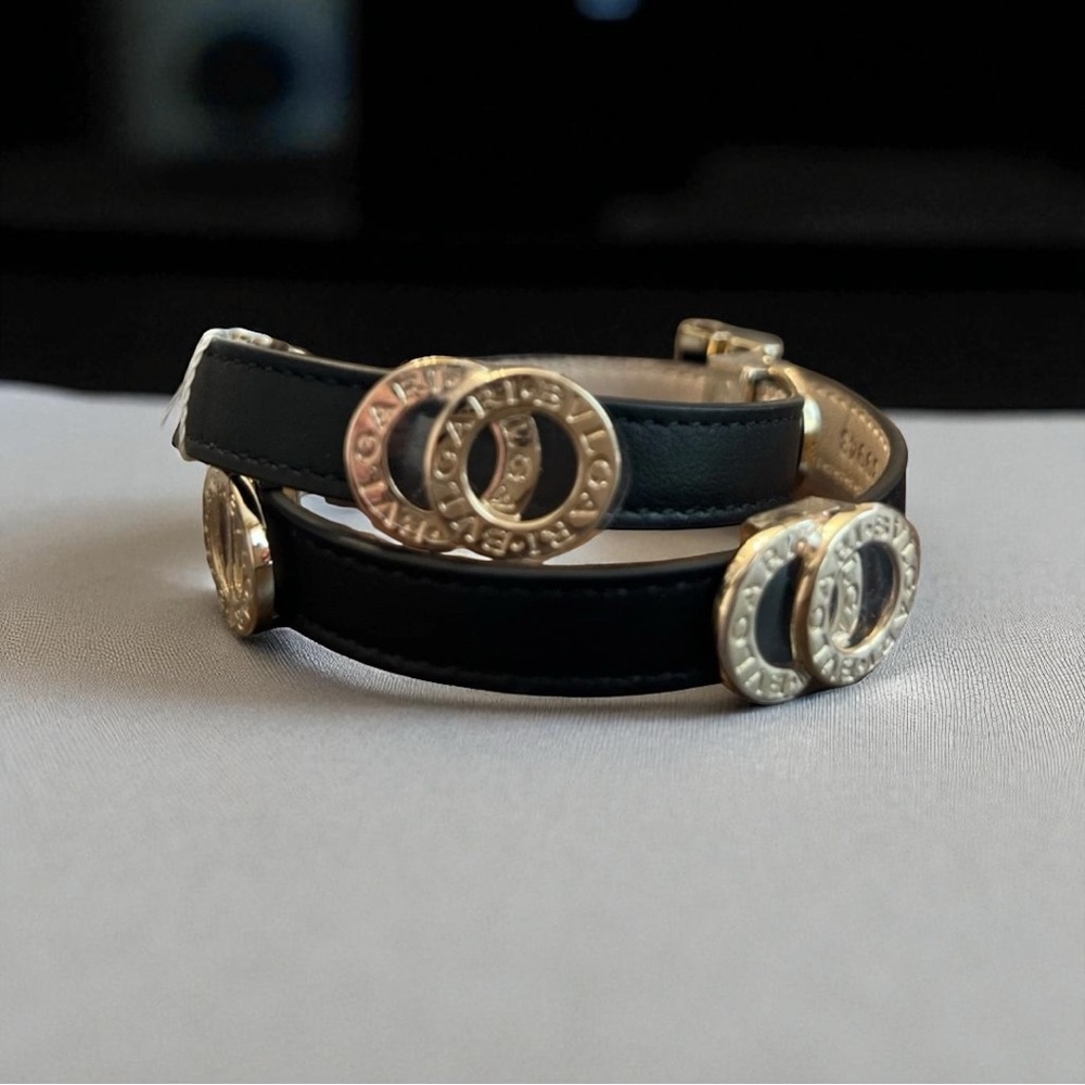 Authentic Bvlgari Brown and Gold Double Coil Leather Bracelet